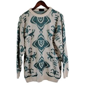 VTG Corsieri Made in Italy White Green Print Pullover Grandpa Sweater XL Fall